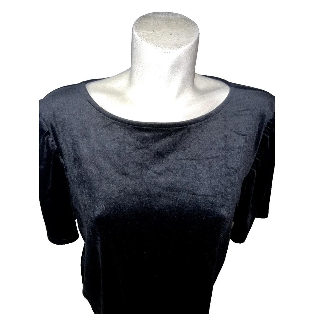 LOFT Womens Black Velvet Puff Sleeve Boat Neck Top XL Keyhole Back Blouse